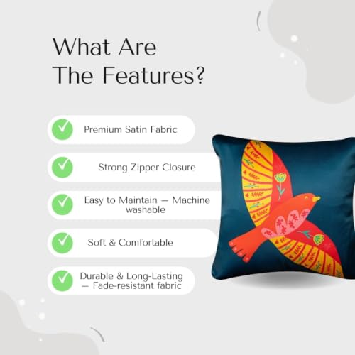Image of Decorative Satin Sofa Cushion Covers Set of 5, 16 x 16 Inches, Multicolor Floral Printed Pillow Covers for Living Room, Bedroom, Couch & Sofa, Soft Glossy Fabric, Zipper Closure