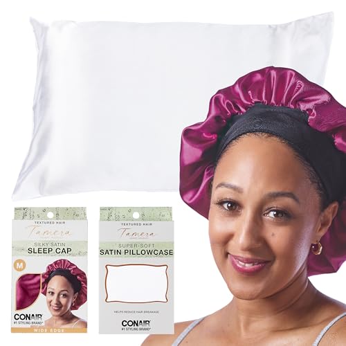 CONAIR x Tamera Mowry Housley Collection Satin Hair Bonnet with Bonus Pillowcase for Sleeping Set - Use on long and short lengths - preserve curls and braids - sleep cap for women - 2 piece bundle