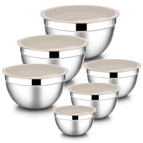 E-far Mixing Bowls with Lids, 6-Piece Stainless Steel Salad Bowls Metal Nesting Bowls for Baking Cooking and Prepping, Airtight Lids & Stackable Design, Size 4.5, 3, 1.5 QT (Black)