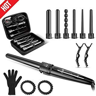 Wand Curling Iron, [Updated]6-in-1 Hair Curling Wand Set Temperature Control SKM Loose Curls Maker Tourmaline Ceramic Barrels for All Types of Hair with Glove and Box