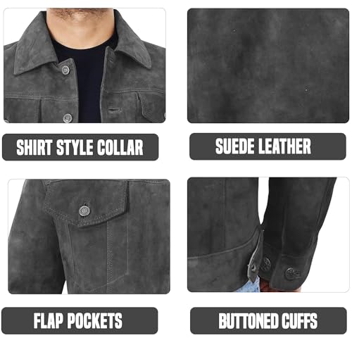 Image of Mens Premium Brown Suede Leather Trucker Jacket - Vintage Classic Motorcycle Western Goat Leather Coat
