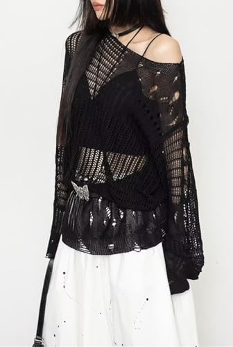 Image of Goth Y2K Striped Sweater Grunge Ripped Punk Gothic Sweaters for Women