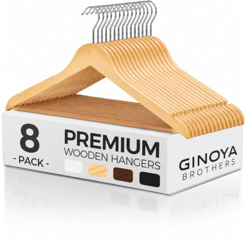 Image of GINOYA BROTHERS Walnut Wooden Suit Hangers 24 Pack with Non Slip Pants Bar - Smooth Finish Solid Wood Coat Hanger for Camisole, Jacket, Pant, Dress Clothes Hangers (Beige: 8)