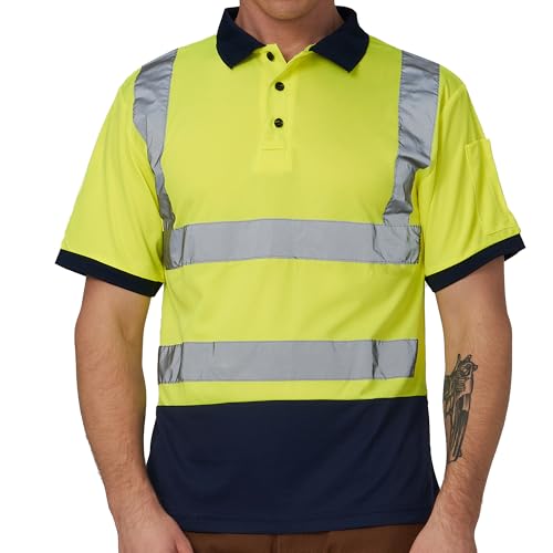 AYKRM Yellow Navy Hi Vis Viz Visibility Safety Work Polo Shirt hi vis Polo Shirt (XS-8XL)