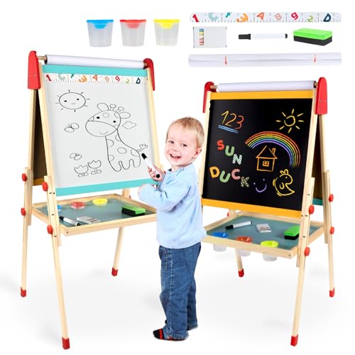 aiwo Art Easel for Kids, Wooden Double-Sided Magnetic Chalkboard & Whiteboard, Height Adjustable Painting Easel Blackboard for Toddler
