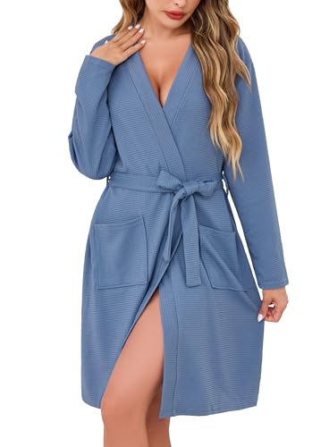 Sopesil Bademäntel für Damen Waffelstrick Morgenmantel Knielang Bademantel Kimono V-Ausschnitt Robe für Spa und Hotel Blau XXL