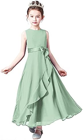 Little Juniors Girl Long Bridesmaid Dress Wedding Flower Girls Formal Pageant Party Dresses Chiffon Sleeveless Sage Green 8