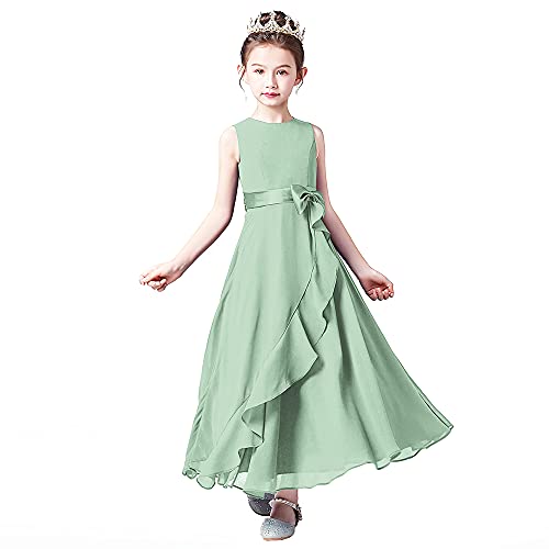 Little Juniors Girl Long Bridesmaid Dress Wedding Flower Girls Formal Pageant Party Dresses Chiffon Sleeveless Sage Green 8 #TOP22