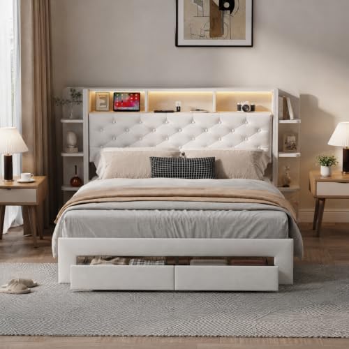 Lit Double 160x200cm avec Table de Chevet,Lit de Rangement avec 2 Tiroirs, Tête de Lit avec Éclairage LED et Chargement USB, Dossier rembourré en Velours, Confort et Design Moderne