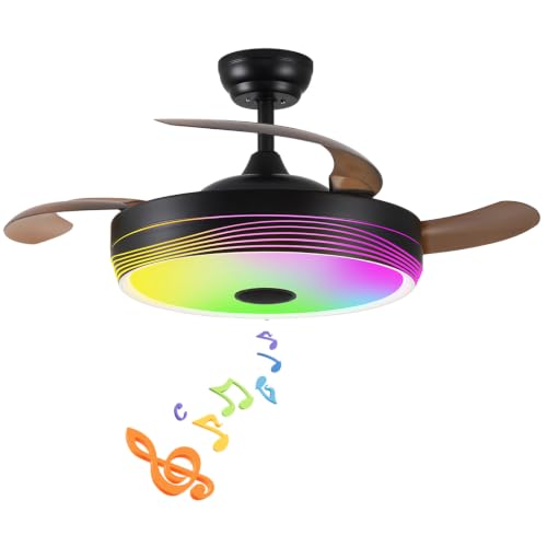 SILVER SWAN 42 inch Modern Retractable Ceiling Fan with Lights and Remote Control, Dimmable Fandelier, Smart Ceiling Fan Light with Bluetooth Speaker, 6Speed,RGB, Black