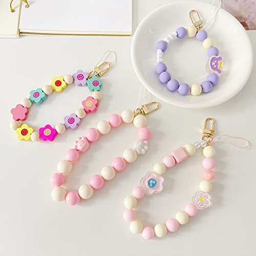 Spenlly Cute Cartoon Beaded Wrist Strap Keychain Creative Bracelet Keyring Diy Phone Charm Lanyard Strap (Flower Pink) #TOP3