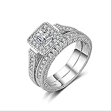 Vintage Fashion Women's 925 Sterling Silver Square Stone Pattern Set Ring - Cushion Cut Cubic AAA Zircon CZ Statement Engagement Wedding Ring Size 6-10 638 (10)
