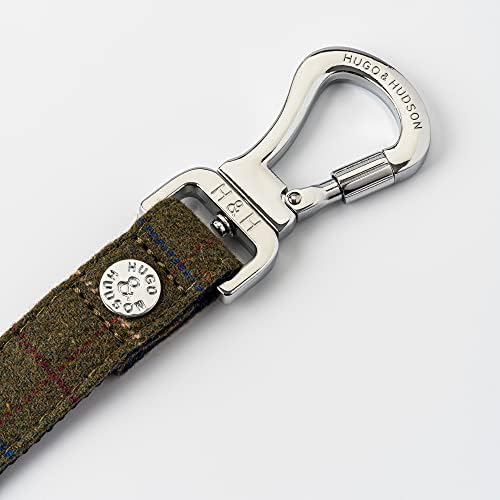 HUGO & HUDSON Tweed Dog Lead with Padded Handle - Adjustable Training Leash with Quick Release Clip & Stainless Steel Hook - 120 x 2.5cm Green Checked
