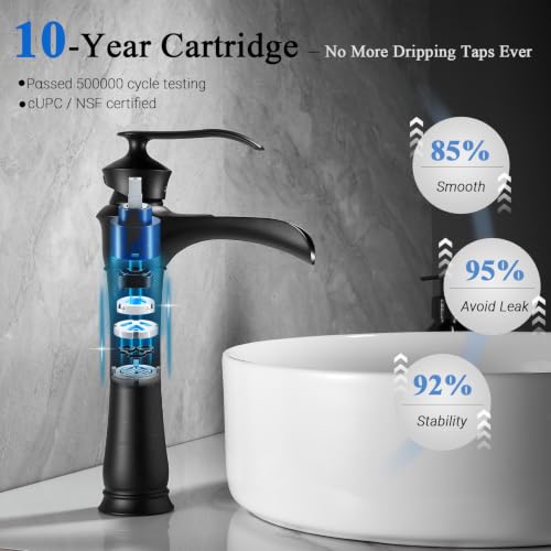 FBUKE Robinet mitigeur de lavabo à hauteur haute, bec cascade pour salle de bain, robinet de lavabo en laiton, robinet mitigeur moderne à levier unique chaud et froid pour vasques de comptoir, noir – vue 4