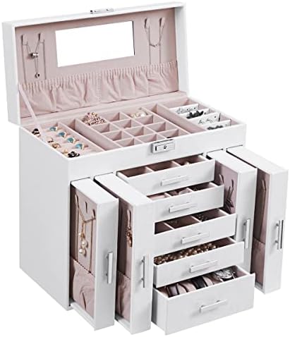ANWBROAD Huge Jewellery Organizer Box 6 Tier 40 Necklace Hooks Display Storage Case with Lock Mirror Jewellery Box Earrings Rings Necklaces Bracelets Earrings Gift Faux Leather JJB018W
