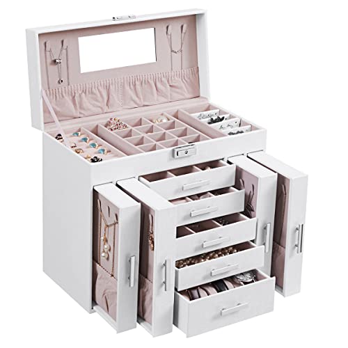 ANWBROAD Riesige Schmuckschatulle Schmuck Organizer Case 6 Ebenen 40 Haken Display Aufbewahrungshalter mit Schloss Spiegel Mädchen Schmuckschatulle Ohrringe Ringe Halsketten Armbänder JJB018W Cover