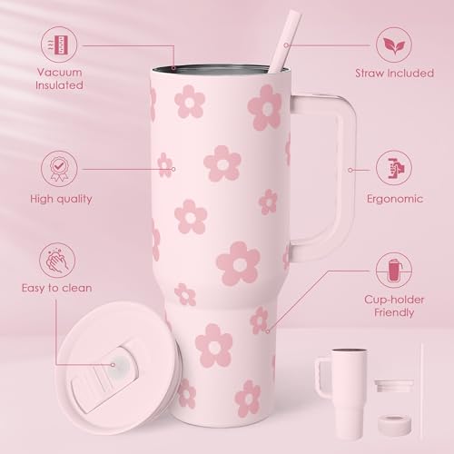 Image of Floral Tumbler with Handle and Straw 40oz Stainless Sleel Slider Tumbler Travel Coffee Mug for Women - Gift Idea for Birthday Christmas