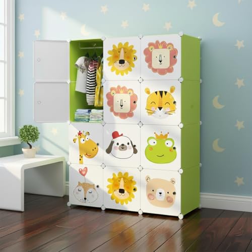 Image of KRISHYAM Kids Modular Storage Cabinet with Cartoon Animal Doors,12 Cube Plastic Wardrobe Organizer, DIY Closet System with Hanging Rod, Toy & Clothes Storage (Green, 12 Box)
