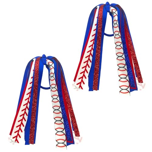 Ftuuo 2pcs Baseball Ponytail Holders Hair Ribbons Streamer Red Blue Baseball Glitter Elastic Hair Ties Band Hair Scrunchies Game Day Party Decor Accessories Back School Gift for Women Cheerleader Fans