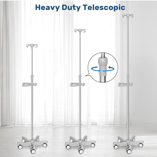 IV Pole with Wheels Medical Portable IV Stand Pole, IV Bag Stand with Removable IV Bag Holder, Adjustable Height Pole, 4 Hook & 5 Caster Base
