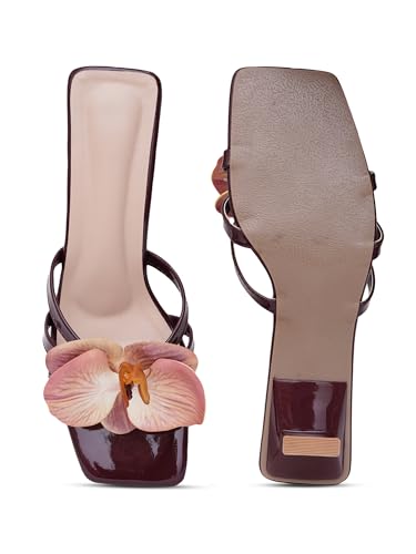 Image of TRYME Floral Embellished Slip-On Kitten Heel Sandals for Women & Girls|Comfortable Light Weight Open Toe Sandals