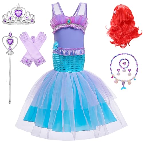 Kosplay Niñas Disfraz de Princesa Sirena con Peluca y Accesorios Vestido de Ariel Princesa Vestido de Sirena Cumpleaños Fiesta Navidad Halloween Carnaval Cosplay Vestirse Chica 100-140