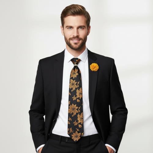Image of 5PCS Tie and Pocket Square for Men, Silk Necktie and Handkerchief Cufflinks with Gold Ring and Lapel Pin Set