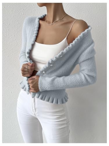 MakeMeChic Women's V Neck Sweater Cardigans Button Down Ruffle Long Sleeve Knit Outerwear4