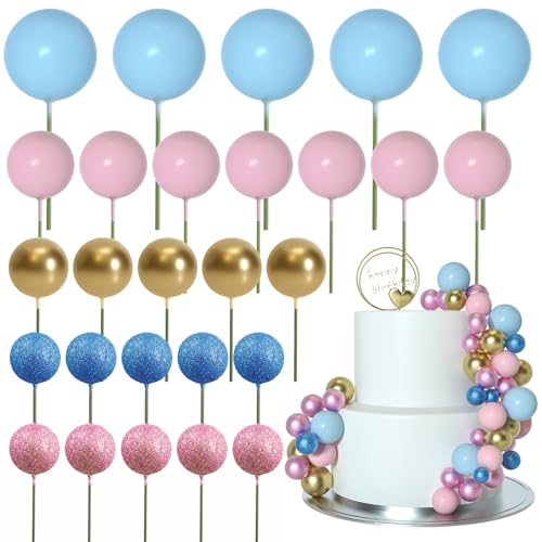 ASTARON 50 Pcs Ball Cake Topper Sticks Mini Balloons for Cake Decorating Supplies Foam Balls Cake decorations for Baby Shower Cake Birthday Cake Toppers Decorations (Pink Blue Series)