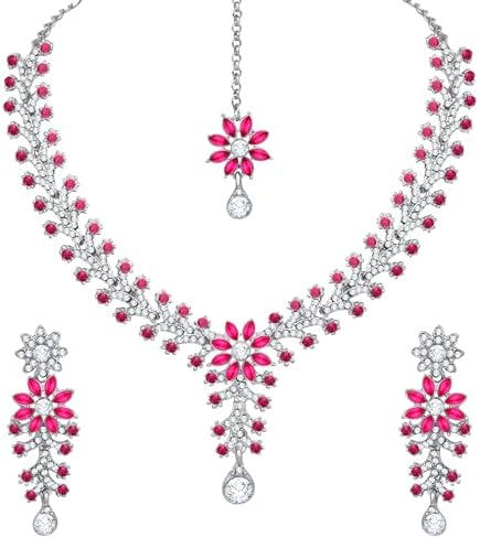Atasi International Silver Plated Dark Pink Crystals AD Diamond Necklace Jewellery Set for Women, Girls for Wedding, Festive, Party, Ocassion Wear (RR1965)