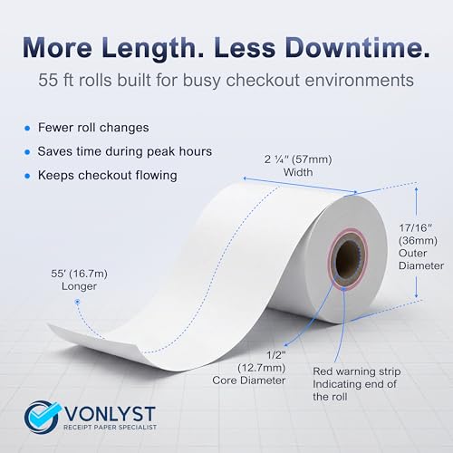Vonlyst Thermal Receipt Paper Rolls for Dejavoo Z8 Z9 Z11 P1 P3 P8 QD1 QD2 QD4 QD5 – 2 1/4 x 55 BPA Free Credit Card Machine & POS Printer Paper with Red End Warning Stripe – 10 Pack by Vonlyst - Image 3