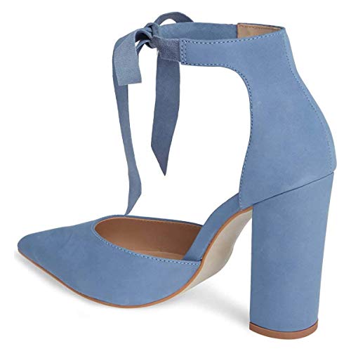 Fsj Women Faux Suede Chunky Block Heel Pumps D'orsay Pointed Toe Ankle Strap Lace Up Sandals Size 7 Steel Blue #TOP3