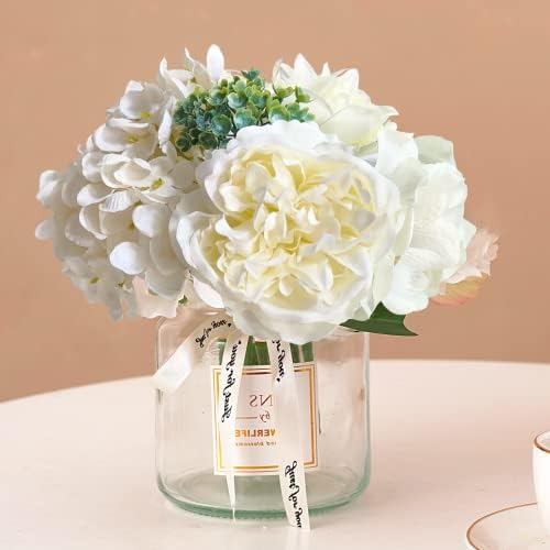 ASTRYAS Fake Flowers with Vase, Artificial White Flowers in Vase, Table Centerpieces for Dining Room, Faux Flower Arrangements, Living Room Bathroom Plant Decor, Centerpiece Table Decorations