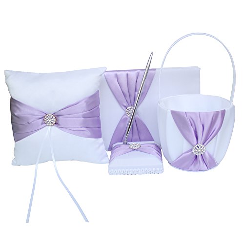 4Pcs Wedding Sets Flower Girl Basket + Ring Bearer Pillow + Guest Book With Pen + Pen Set Holder Decorated With Rhinestone For Rustic Bridal Wedding Shower Ceremony Anniversary-Lavender #TOP16