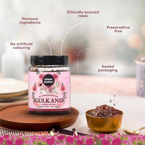 Urban Platter Gulkand | 10.58 Oz/300g | Pure Rose Petal Jam | Sun Dried Rose Blend with Sugar | Natural Cooling Preserves | Made with Chaitri Roses | Perfect for Falooda, Milkshakes, & Desserts