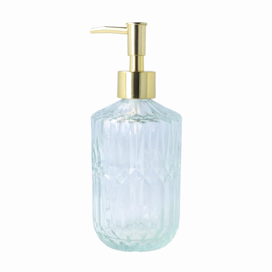 PARSA Beauty dispensador jabon de vidrio con detalles dorados – Accesorio de baño elegante – Dispensador de jabon recargable para jabón líquido y detergente