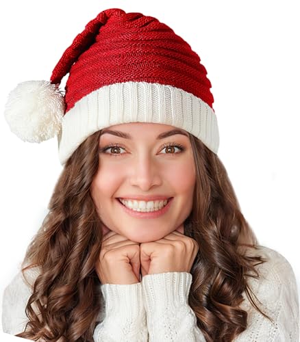 Santa Hat Christmas Hat for Adults, Red Knitted Beanie Hats with Pompom, Unisex Xmas Holiday Hats with Gift Box for Christmas New Year Festive Party Supplies