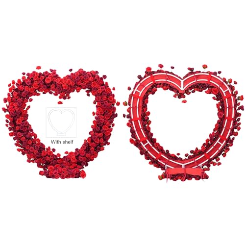 Angela flower Wedding Arch Dark Red & Red Flower Arrangement with Fabric Base + 6.56ft Heart Shaped Dual Tube Metal Wedding Arch Backdrop with Base, Floral Add Stand, Marriage Proposal Backdrop Decor