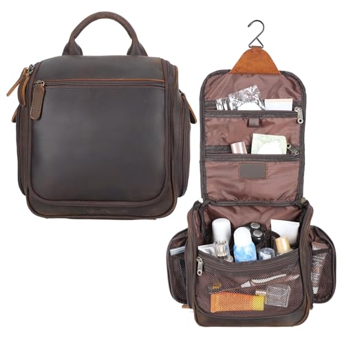 Masa Kawa Leather Hanging Travel Toiletry Bag for Men Portable Expandable Camping Cosmetics Makeup Toiletries Organizer Vintage Bathroom Shaving Kit Brown Wash Bags by Masa Kawa - Image 7