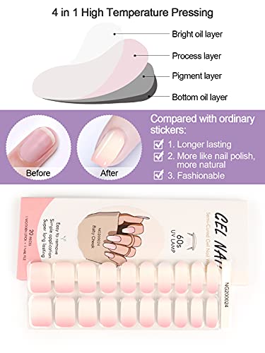 Kalolary 20Pcs Semi Cured Gel Nail Polish Strips, Gradient Pink Adhesive Full Wrap Gel Nail Art Sticker, Waterproof Gel Nail Wrap Stickers With Nail File And Stick（Uv/Led Lamp Required） #TOP3