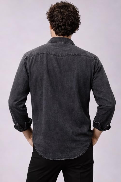 Image of Men's Slim Fit Western Denim Shirt with Dual Chest Pockets - Long Sleeve Button-Down Casual | Smart Casual Fashion Wear |Durable Tich snap Buttons.