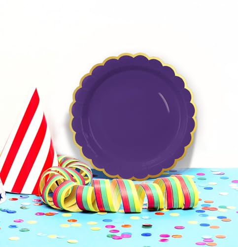 Image of HEIPINIUYE 50 Pieces Purple Paper Plates with Gold Foil 7 Inch Disposable Purple Scalloped Dinner Plates for Wedding Baby Shower Birthday Party Dessert Plate