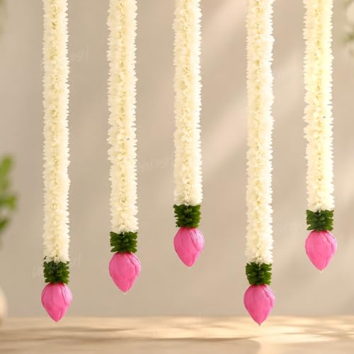 Image of Divyakosh Garlands for Home Decoration, Lotus Hangings (Pack of 5 Latkan, Size 14 Inch Each) | Offwhite Fabric & Solawood Lotus Buds | Flower Garlands for Home Decoration |