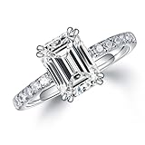 MOOSEA Emerald Cut Moissanite Sidestone Ring for Women, 2ct D Color VVS1 Clarity Lab Created Moissanite Rings 14K White Gold Vermeil Double Claw Moissanite Engagement Rings for Women Wife Bridal