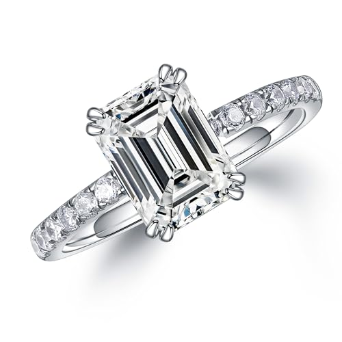 MOOSEA Emerald Cut Moissanite Engagement Ring, 2ct D Color VVS1 Clarity Lab Created Moissanite, 14K White Gold Vermeil Double Claw Solitaire, Size 4-11