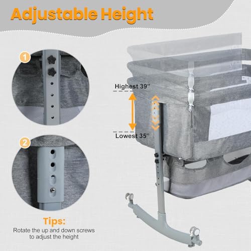 reukmuuc Baby Bassinet Bedside Sleeper, 3-in-1 Bedside Crib with 6-Height Adjustable Design, Rocking Mode, Wheels, Storage Basket, Breathable Mesh and Mattress for Newborns, Grey