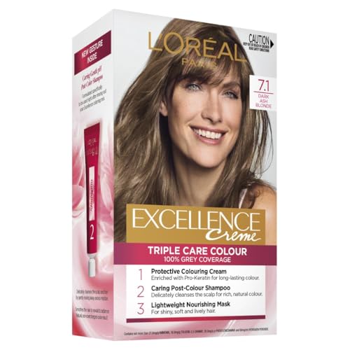 L'Oréal Paris, Permanent Hair Dye, Strengthening & With Up To 100% Grey Coverage, Excellence, Dark Ash Blonde 7.1
