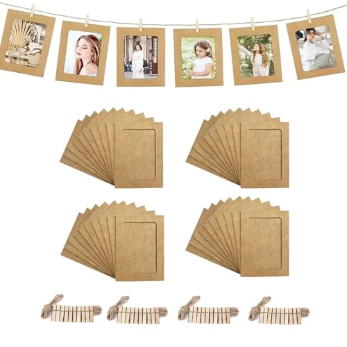 Hexizexi 40 Stück 7 Zoll Papier Bilderrahmen 13.5x18.5 cm Braun Fotogirlande mit 40 Holzklammern und 4 Rollen Hanfschnur Fototaschen zum Aufhängen Geeignet für Geburtstage Hochzeiten Wanddekoration