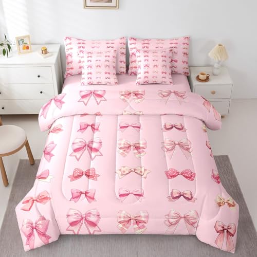 7 Pieces Twin Size Cartoon Bowknot Comforter Set,Cute Bow-tie Princess
