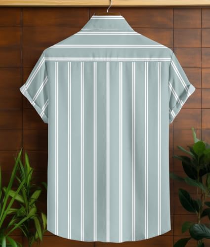 Image of Vertical Striped Short Sleeve Casual Shirt for Men, Stratchable 100% Spandex Material,Black and White
